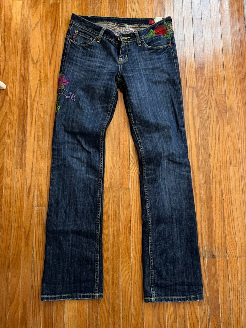 Seven7 Dark Blue Bootcut Jeans with Tattoo Embroidery Artsy Boho